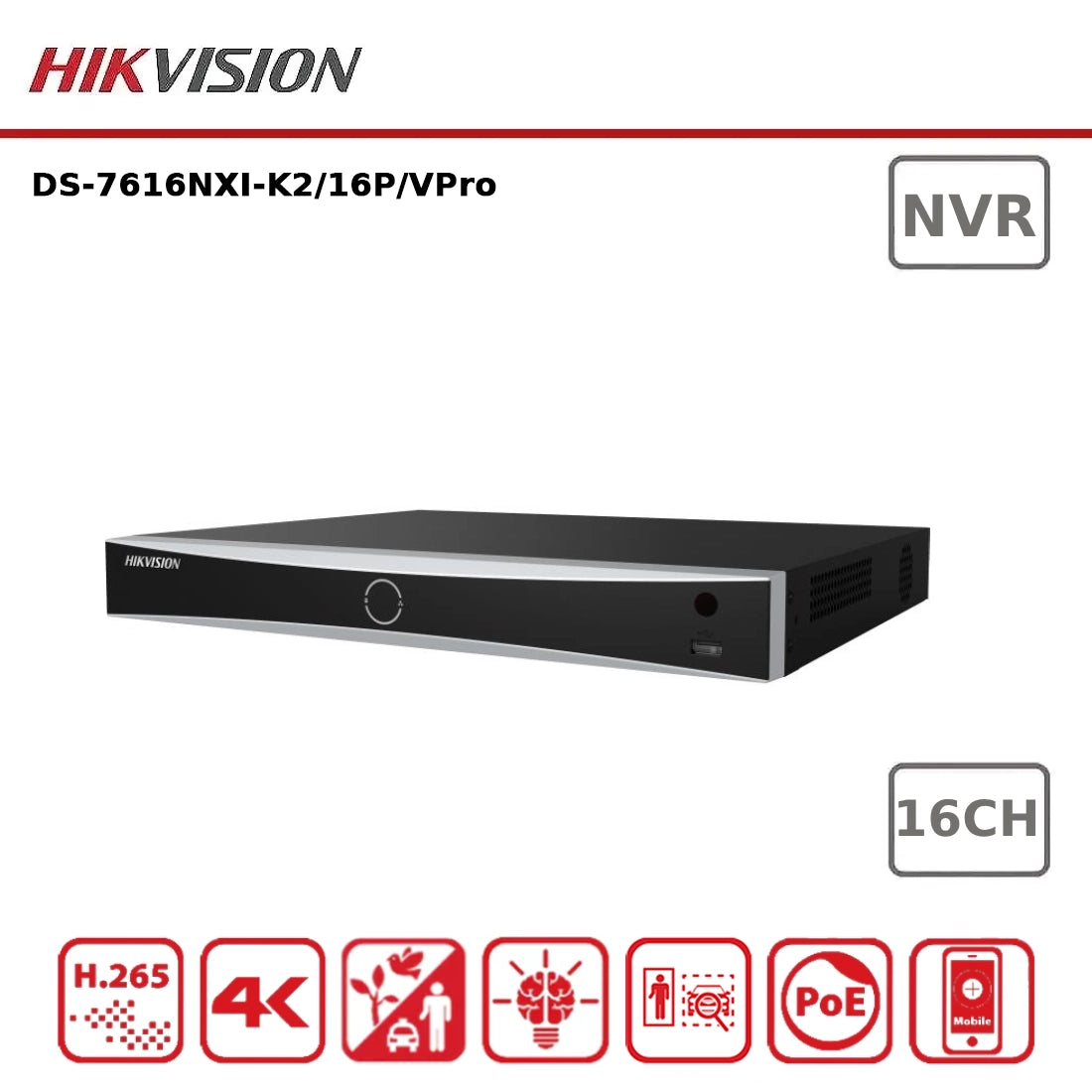 Hikvision DS-7616NXI-K2/16P/VPro 16 Channel PoE AcuSense 4K NVR with AcuSeek and Facial Recognition