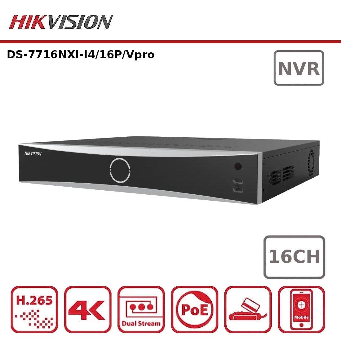 Hikvision DS-7716NXI-I4/16P/VPro 16 Channel AI NVR with 16 PoE Ports Guanlan AI AcuSeek AcuSearch Facial Recognition 4K HDMI 2 HDD