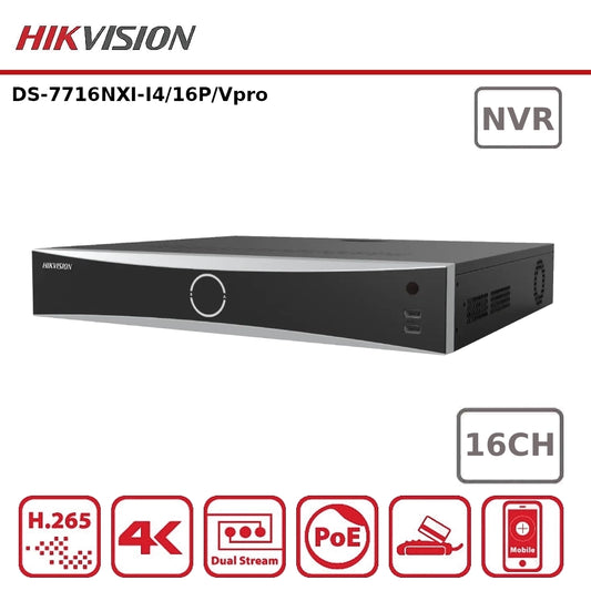 Hikvision DS-7716NXI-I4/16P/VPro 16 Channel AI NVR with 16 PoE Ports Guanlan AI AcuSeek AcuSearch Facial Recognition 4K HDMI 2 HDD