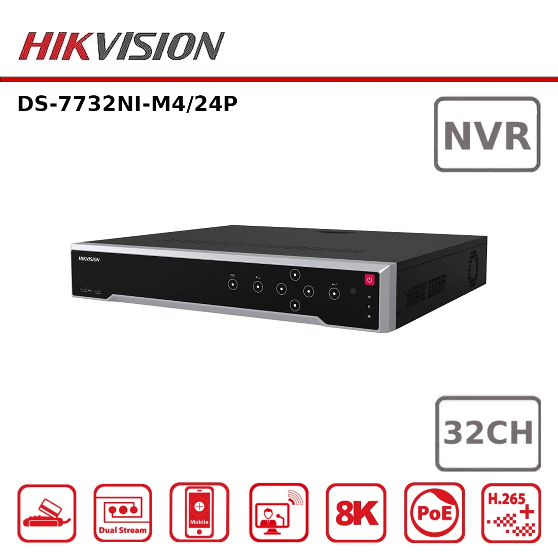 Hikvision DS-7732NI-M4/24P 32CH M-Series 24 PoE NVR, 320Mbps, 8K, 4 Bay, 1.5RU