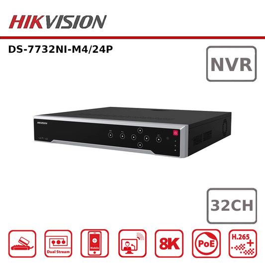 Hikvision DS-7732NI-M4/24P 32CH M-Series 24 PoE NVR, 320Mbps, 8K, 4 Bay, 1.5RU