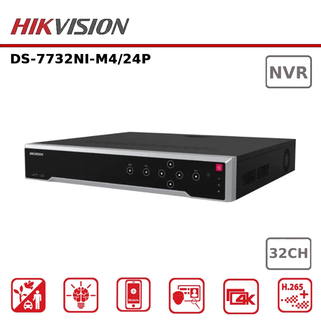 Hikvision DS-7732NI-M4/24P 32CH M-Series 24 PoE NVR, 320Mbps, 8K, 4 Bay, 1.5RU