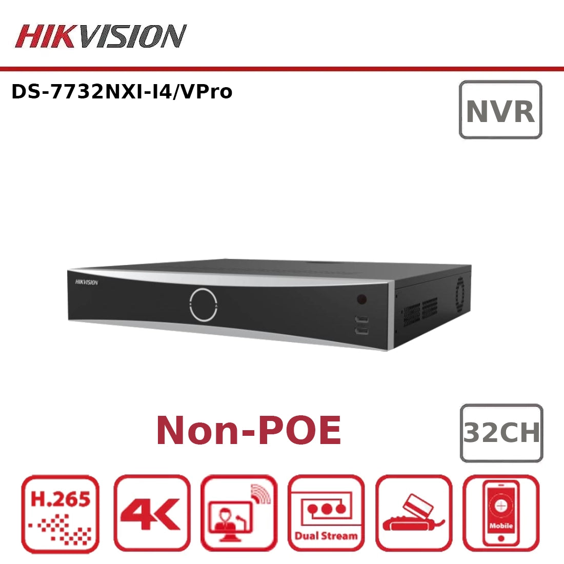 Hikvision DS-7732NXI-I4/VPro 32-Channel 4K AcuSense AI NVR (No PoE) – Face Recognition & ANPR Support
