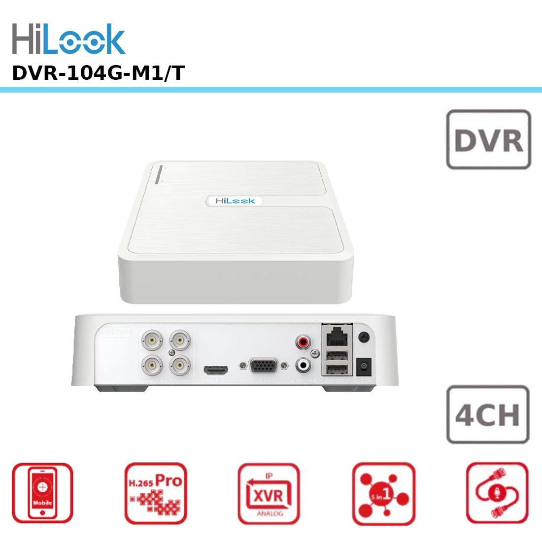 HiLook DVR-104G-M1/T – 4 Channel 1080p Lite DVR with Smart H.265 Compression & Multi-Camera Support HDTVI Two way Audio
