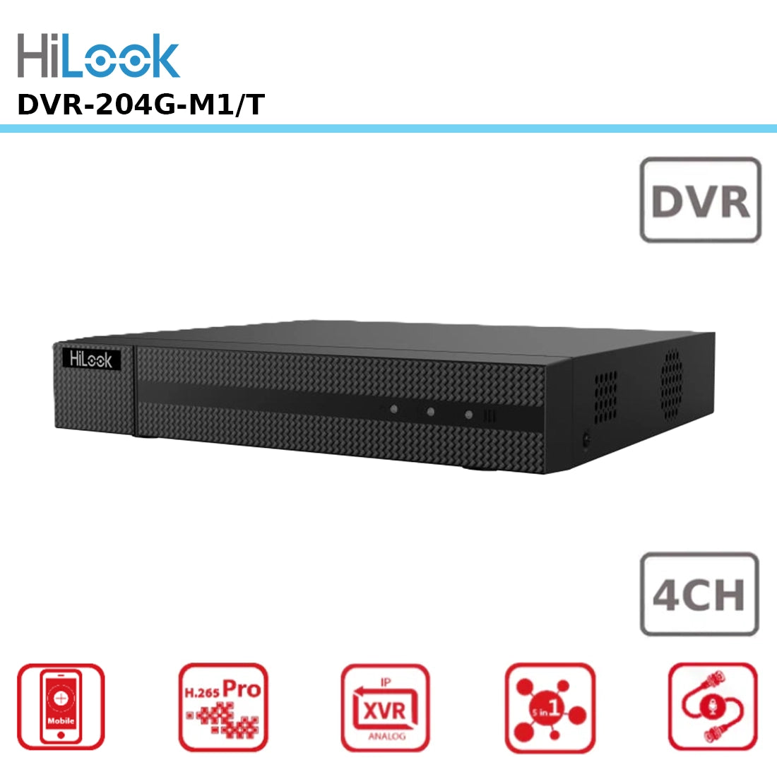 HiLook DVR-204G-M1/T – 4 Channel Full HD 1080p Lite H.265 DVR (Supports TVI/AHD/CVI/CVBS/IP) and HDTVI Two way Audio