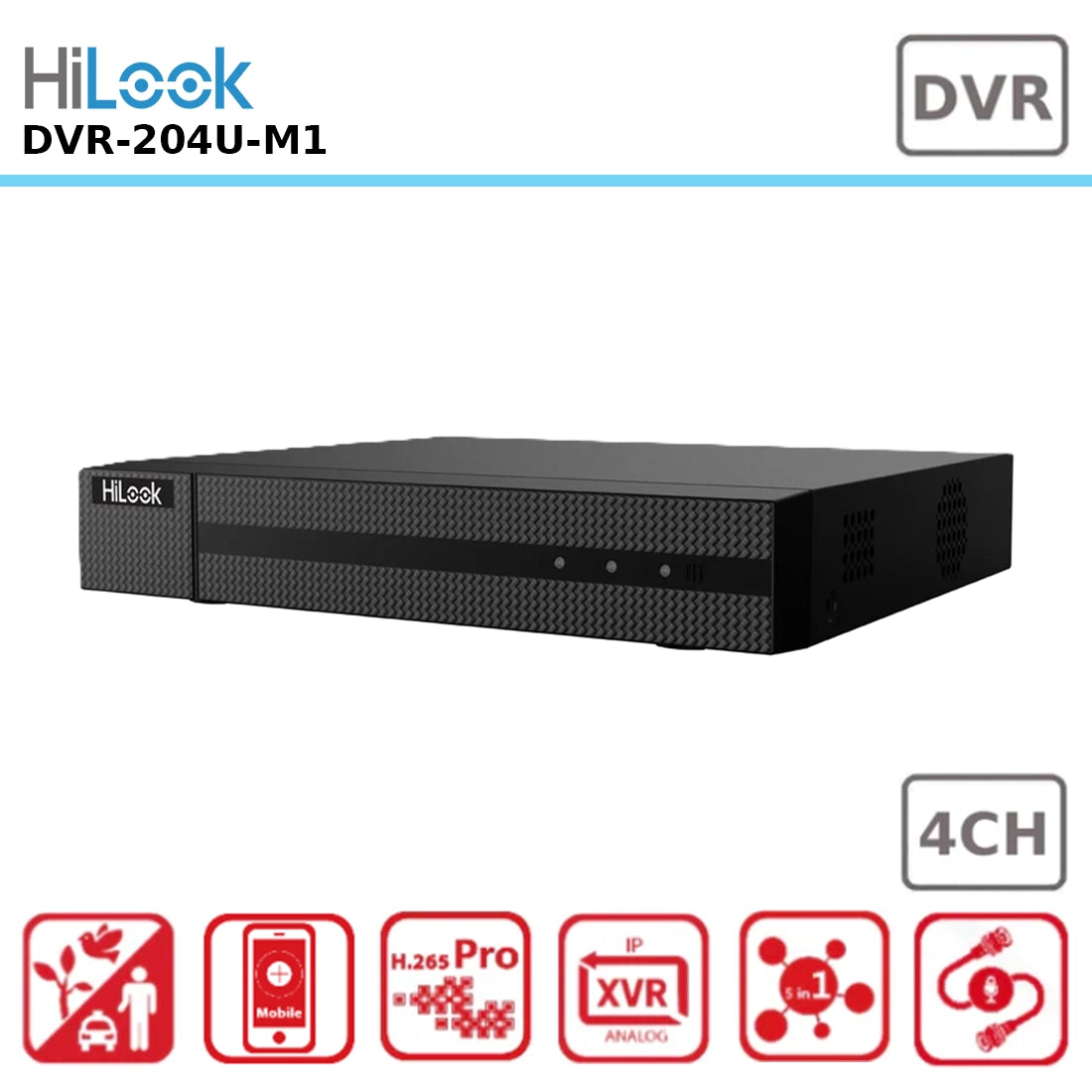 HiLook DVR-204U-M1 4-Channel 5MP HD Analogue Digital Video Recorder with Advanced H.265+ Compression for Extended Recording & Space Saving