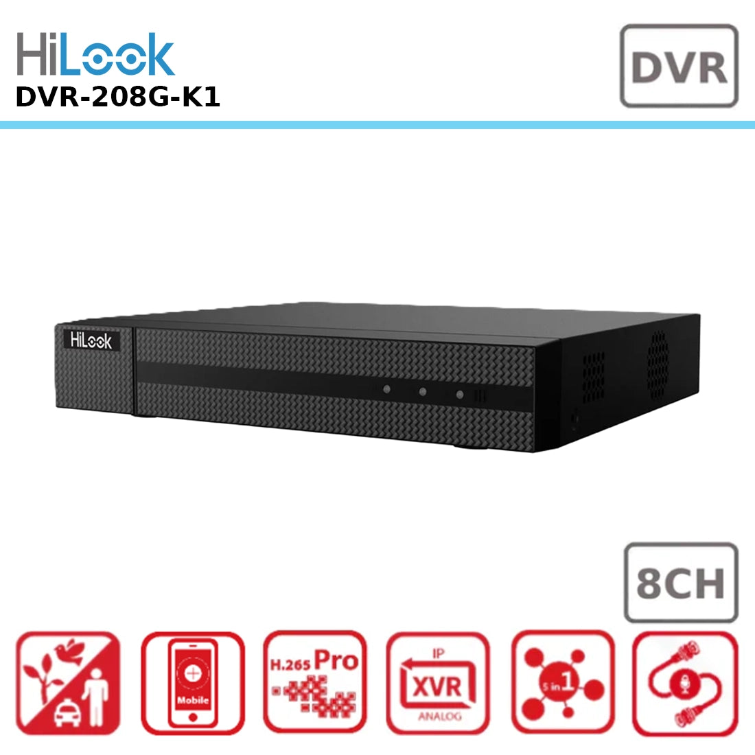 HiLook DVR-208G-K1 8-Channel 1080p Lite Digital Video Recorder with H.265 Compression for Efficient Recording and Storage
