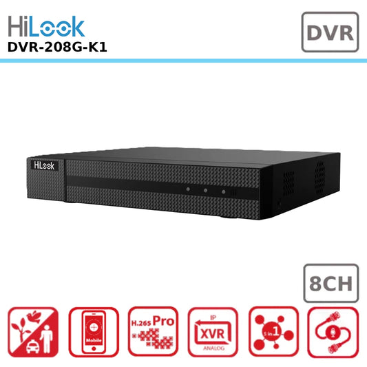 HiLook DVR-208G-K1 8-Channel 1080p Lite Digital Video Recorder with H.265 Compression for Efficient Recording and Storage