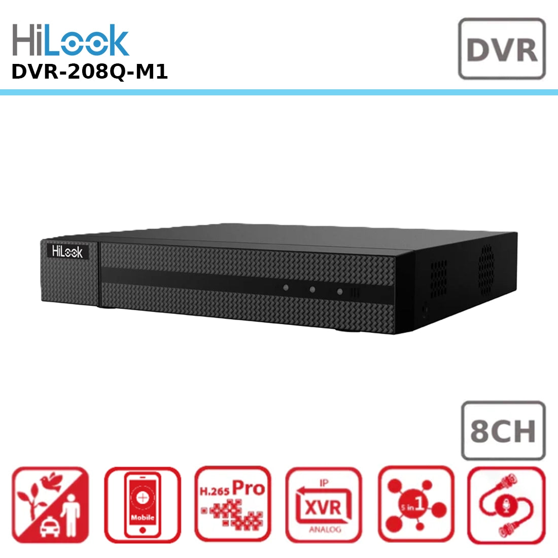 HiLook DVR-208Q-M1 8-Channel 5MP (3K) Digital Video Recorder with 4-in-1 Hybrid Camera Compatibility