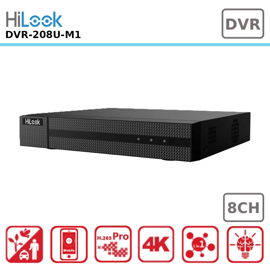 HiLook DVR-208U-M1 8-Channel 8MP Ultra HD Analogue Digital Video Recorder with Advanced H.265+ Compression for Extended Recording & Space Saving