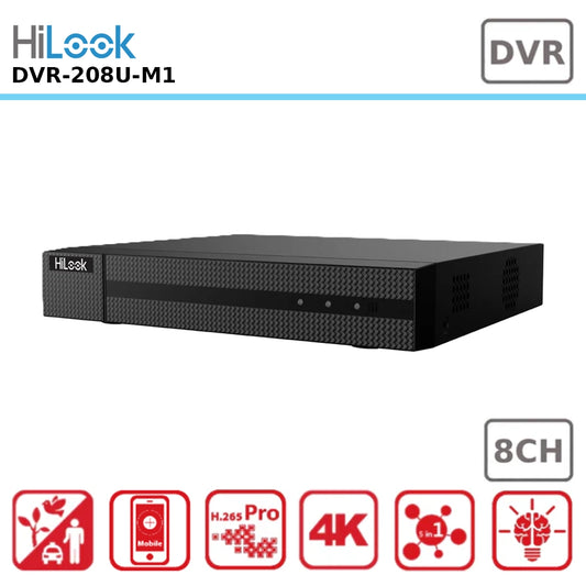 HiLook DVR-208U-M1 8-Channel 8MP Ultra HD Analogue Digital Video Recorder with Advanced H.265+ Compression for Extended Recording & Space Saving