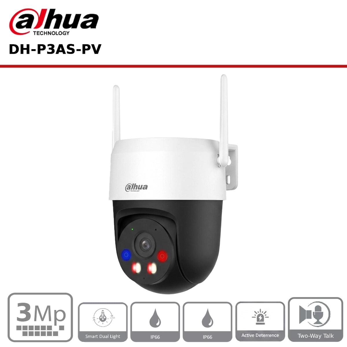 Dahua P3AS-PV 3MP Outdoor Wi-Fi Pan & Tilt Camera with AI Detection, Active Deterrence & Two-Way Audio