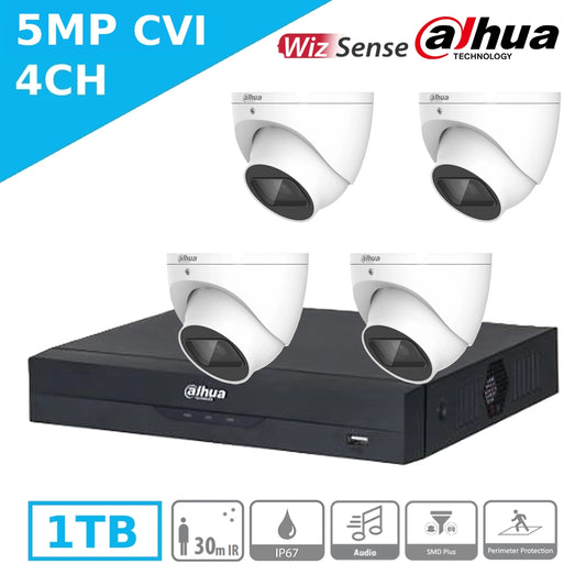 Budget Dahua 5MP 4 Channel CVI Kit – 4 x HAC‑HDW1500TLP‑A‑S2 Turret Cameras + XVR5104HS‑I3 DVR + 1TB HDD