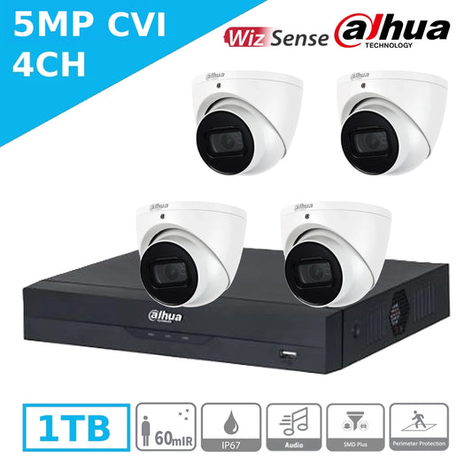 Budget Dahua 5MP WizSense PoC Kit – 4 x HDW1500TMP‑A‑POC Cameras + DH-XVR5104HS-I3-4P DVR + 1TB HD