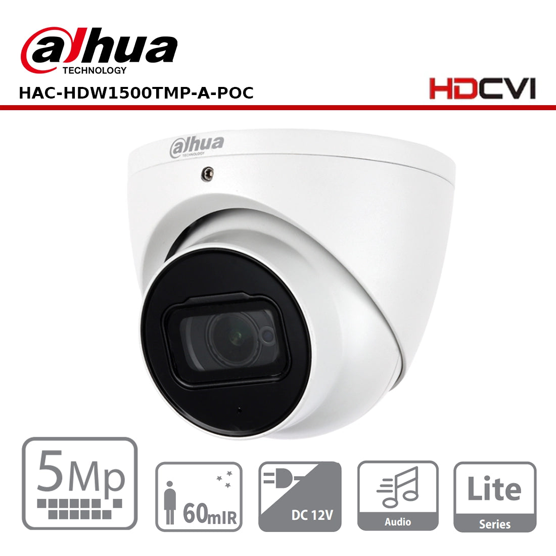 Dahua HAC-HDW1500TMP-A-POC - 5MP HDCVI PoC IR Eyeball Camera Dome Camera 50m IR 12VDC/POC