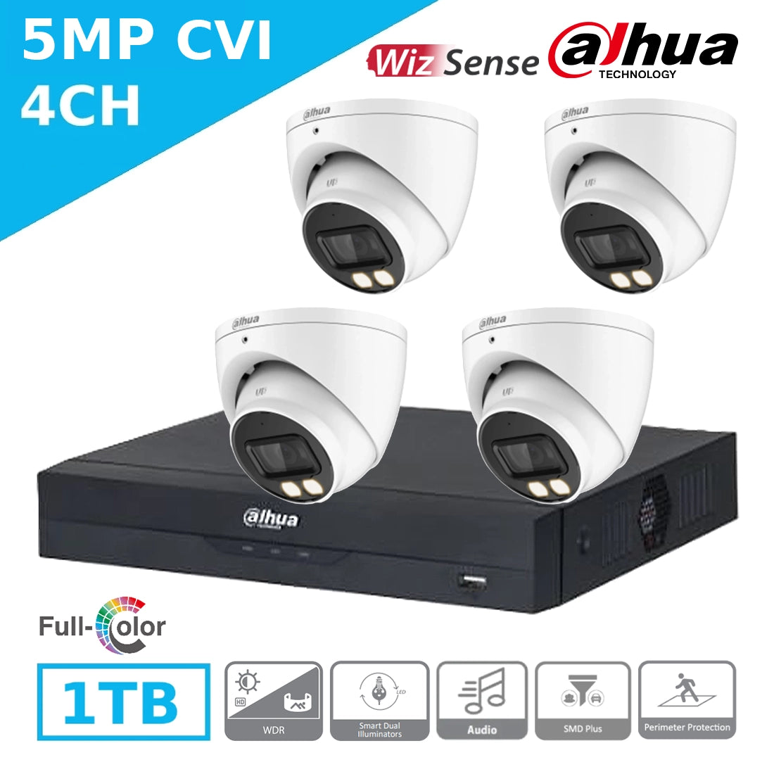 Budget Dahua 5MP 4 Channel CVI Kit – 4 x HAC-HDW1509T-IL-A-S2 Full-Color Turret Cameras + XVR5104HS-I3 DVR + 1TB HDD