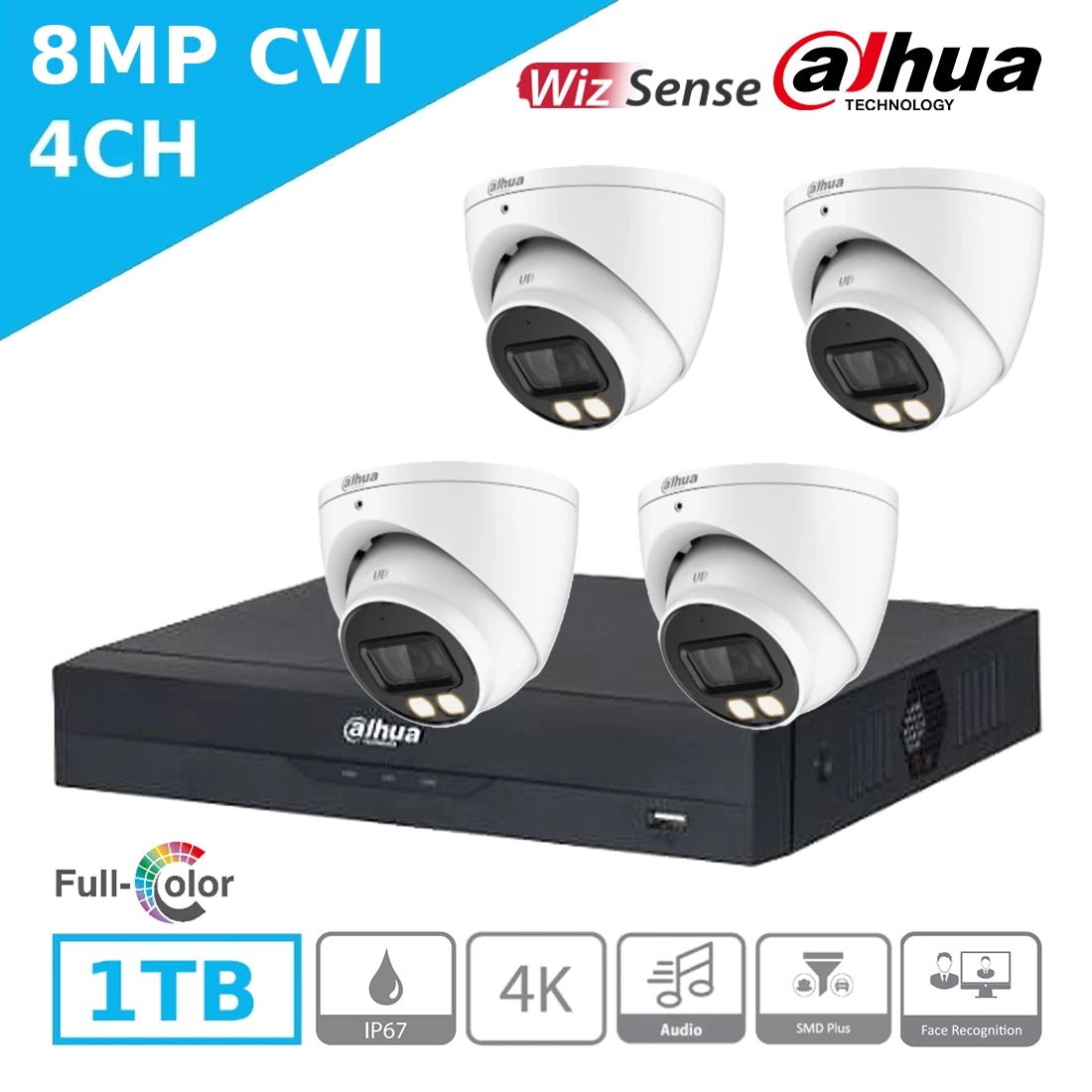 Mid-Range 8MP CVI Kit – 4 x Dahua HAC-HDW1809TP-A-LED Turret Cameras + XVR5104HS-4KL-I3 DVR + 1TB HDD