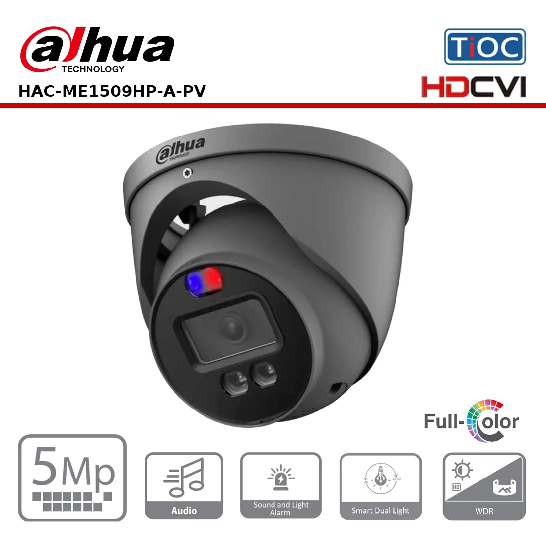 Dahua HAC-ME1509HP-A-PV 5MP HDCVI TiOC Active Deterrence Fixed Lens 40M Eyeball Turret Camera - Grey - Offer