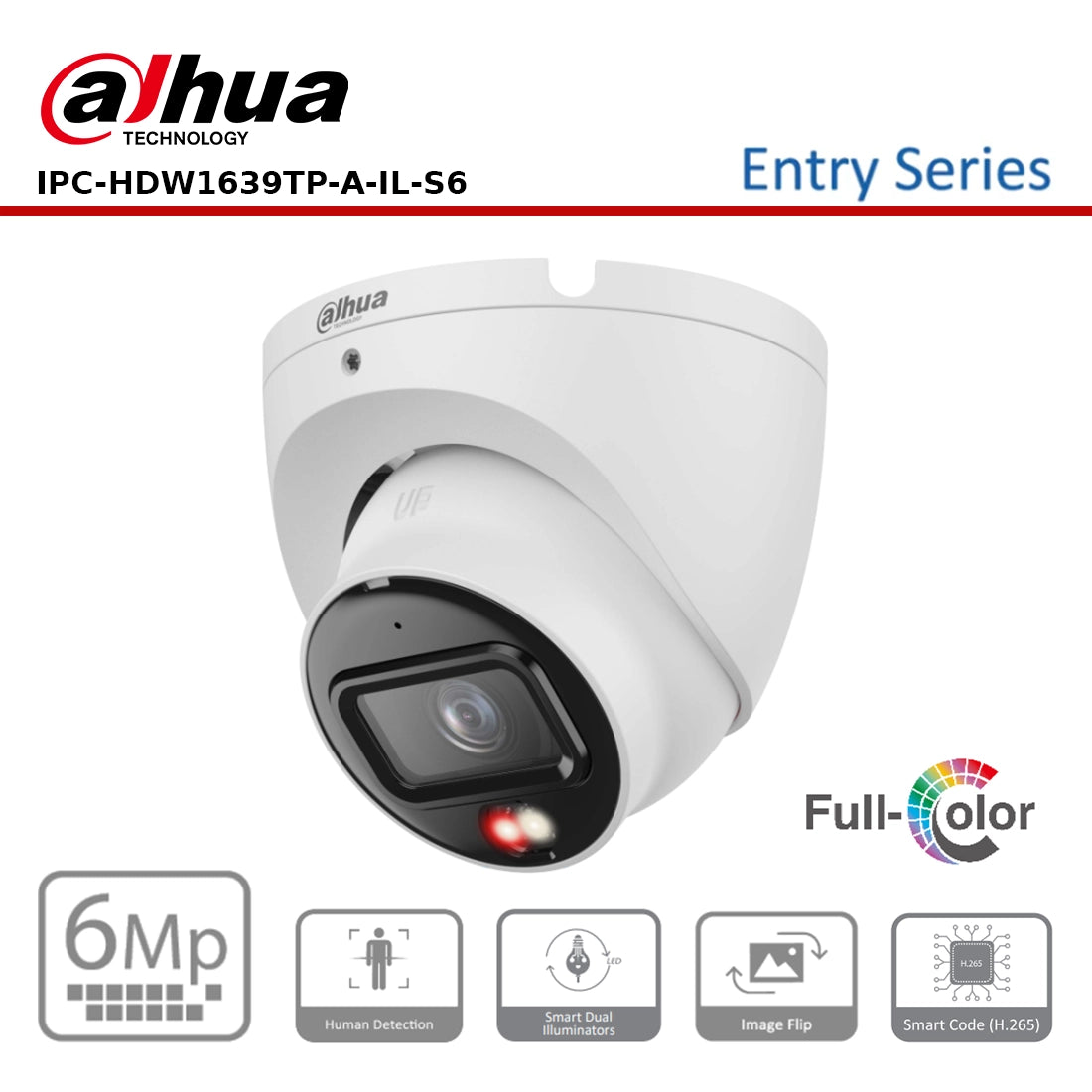Dahua DH-IPC-HDW1639TP-A-IL-S6 6MP Smart Dual Light Turret IP Camera, 2.8mm Lens