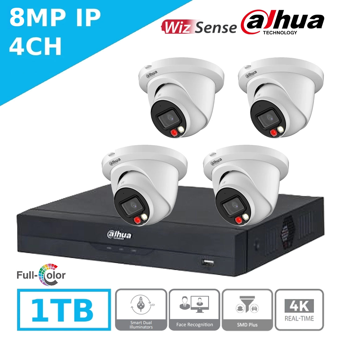 Mid-Range 8MP Dahua IP CCTV Kit – 4 x IPC-HDW2849TMP-S-IL + 4CH NVR + 1TB – Full Colour Hybrid Night Vision