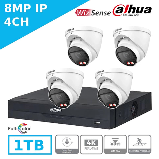 Mid-Range 8MP Dahua IP CCTV Kit – 4 x IPC-HDW2849TP-ZS-IL Full-Colour Turret Cameras + 4CH NVR4104HS-P-EI + 1TB HDD