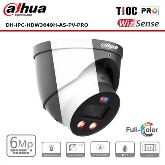 Dahua IPC-HDW3649HP-AS-PV-PRO 6MP TiOC PRO Fixed IP Turret Camera with Smart Dual Illuminator, Active Deterrence and Built in Mic
