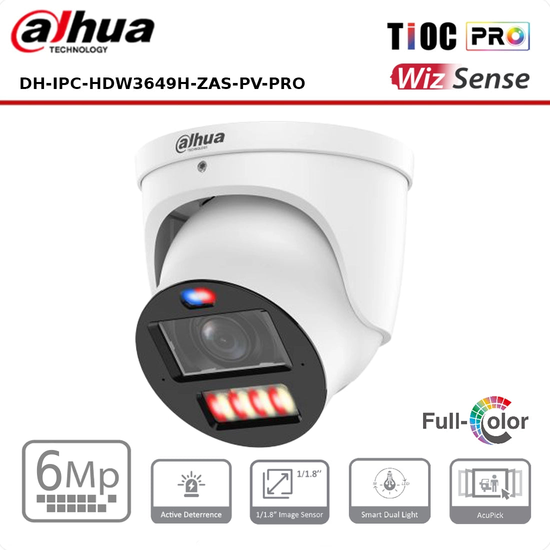 Dahua DH-IPC-HDW3649H-ZAS-PV-PRO 6MP WizColor TiOC PRO Vari-focal Eyeball WizSense Network Camera"NR"
