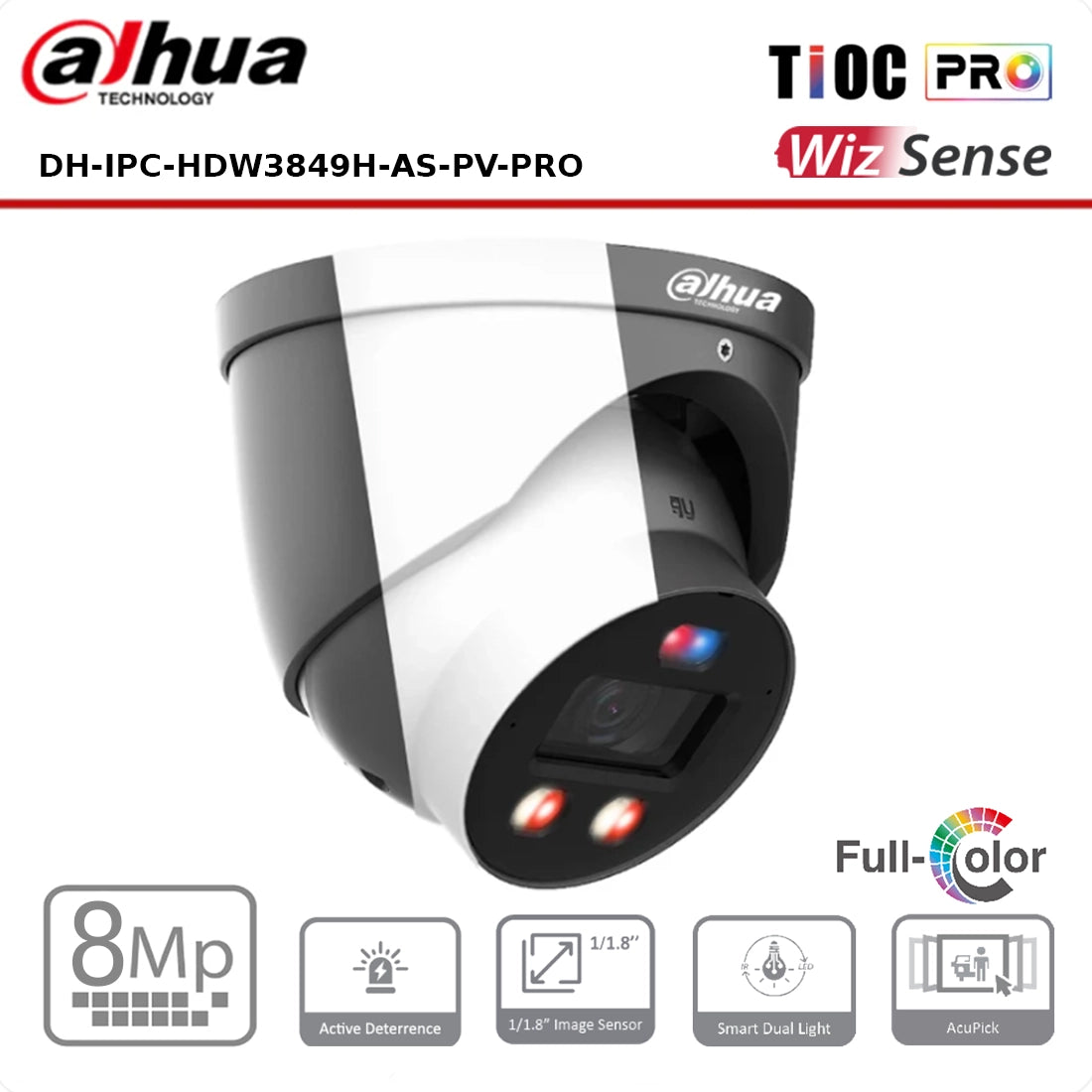 8MP Dahua IPC-HDW3849H-AS-PV-PRO 8MP WizSense TiOC PRO Full Colour Fixed Eyeball IP Camera with Active Deterrence + 2 Way Talk