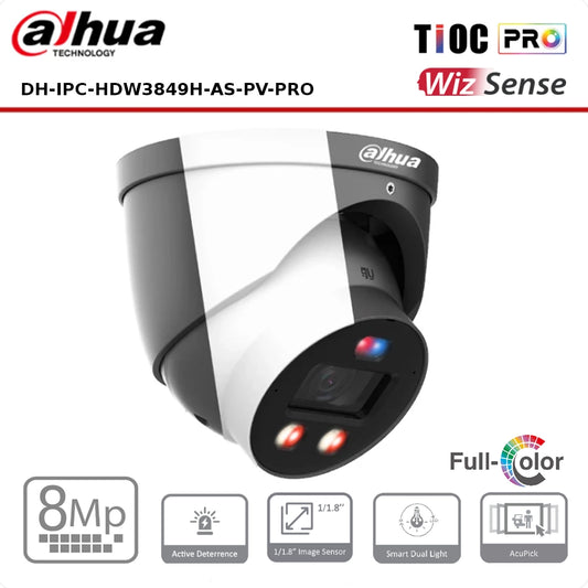 8MP Dahua IPC-HDW3849H-AS-PV-PRO 8MP WizSense TiOC PRO Full Colour Fixed Eyeball IP Camera with Active Deterrence + 2 Way Talk