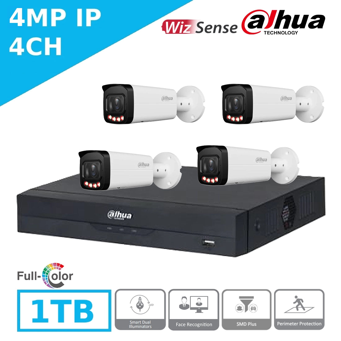 4MP Dahua IP CCTV Kit – 4 x IPC-HFW2449T-ZAS-IL Full Colour Bullet Cameras + 4CH NVR4104HS-P-EI + 1TB HDD
