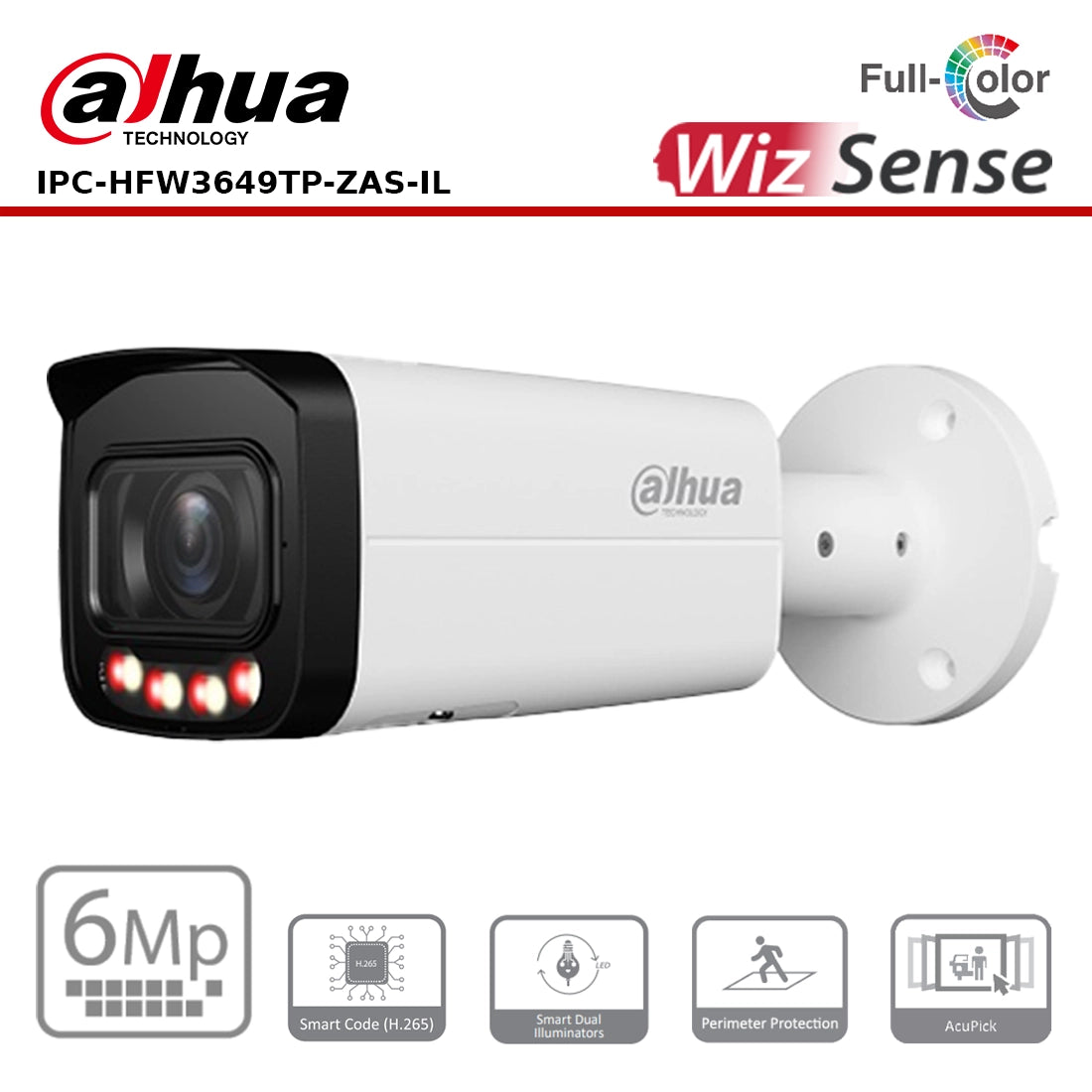 Dahua DH-IPC-HFW3649TP-ZAS-IL WizSense IP 6MP Smart Dual Light Bullet Camera, Varifocal Lens
