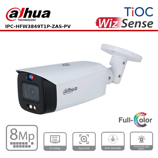 Dahua IPC-HFW3849T1-ZAS-PV 8MP TIOC 2.0 Smart Dual Illumination Active Deterrence Vari-focal Bullet WizSense Network Camera (2.7-13.5)