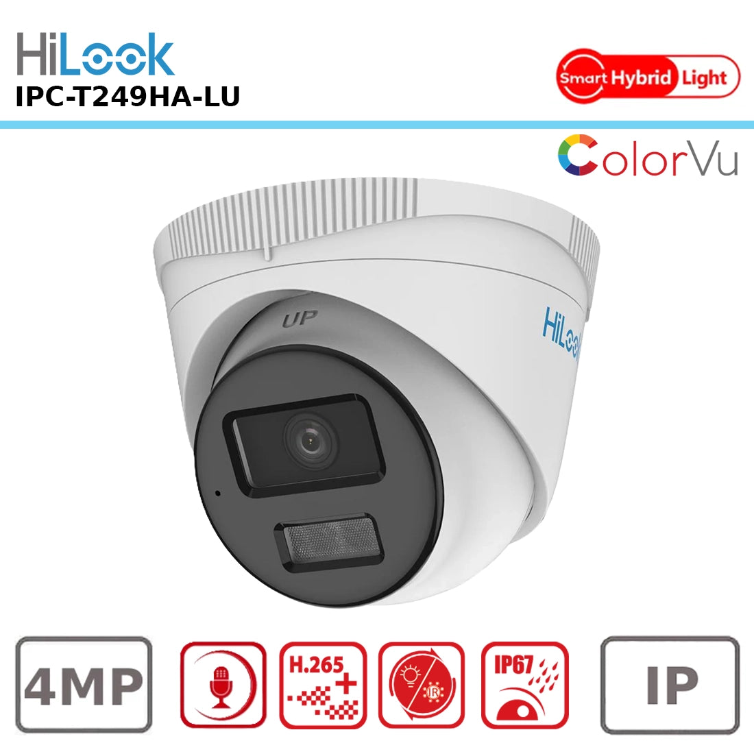 HiLook IPC-T249HA-LU 4MP HD Smart Hybrid ColorVu Turret Dome IP Camera with Motion 2.0 Human/Vehicle Detection, Built-in Microphone, 30m Smart Lighting, and a 2.8mm Wide Lens