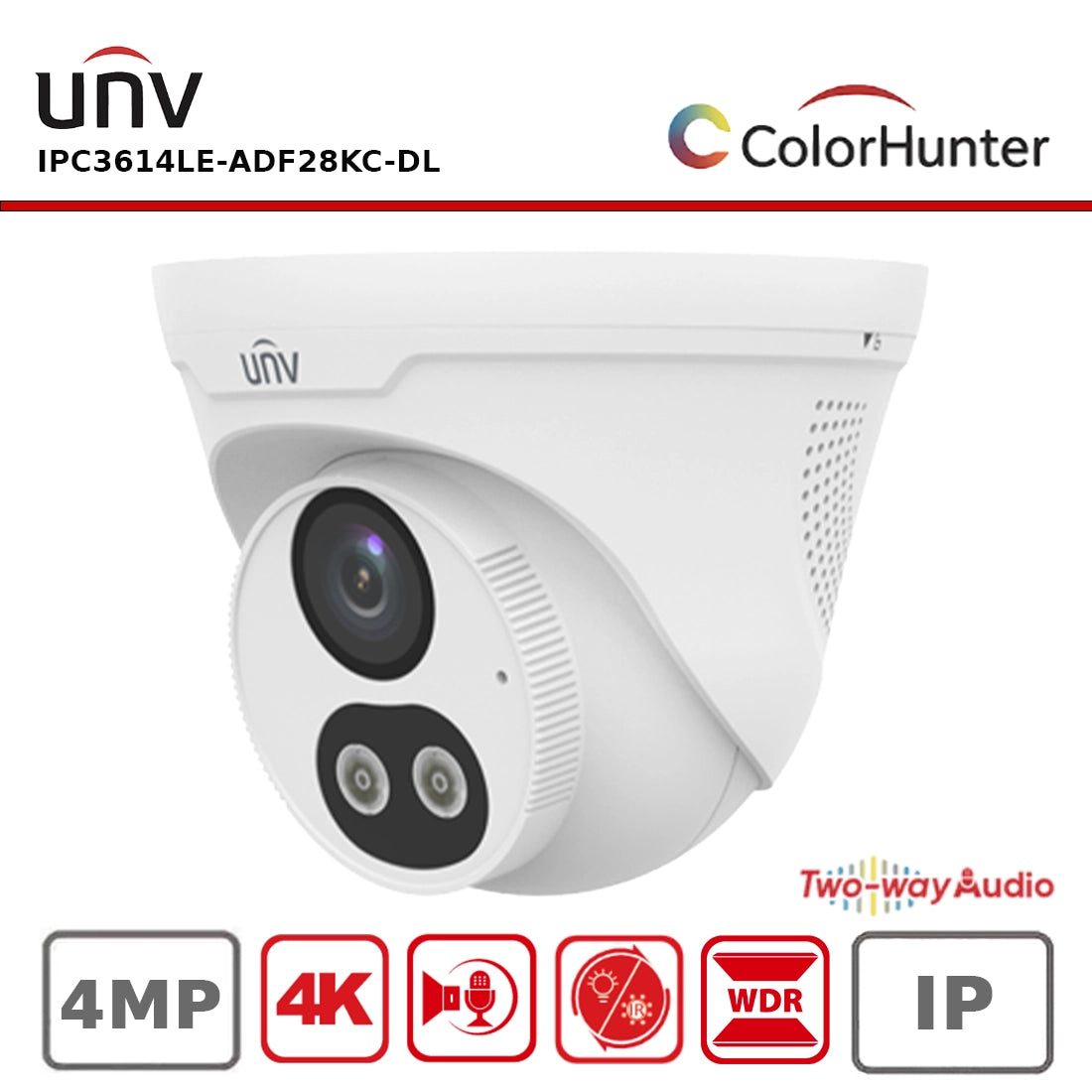 Uniview IPC3614LE-ADF28KC-DL 4 MP ColorHunter Dual-Light Turret IP Camera with Two-Way Audio