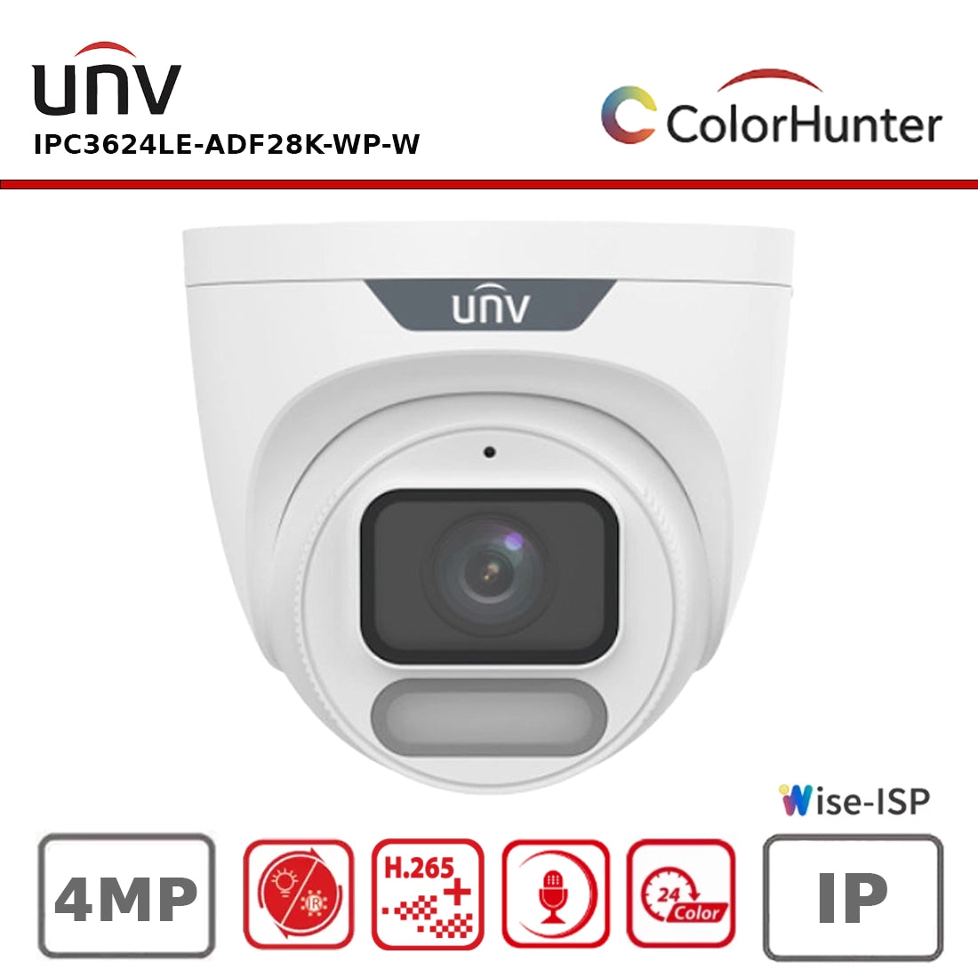 UNV IPC3624LE-ADF28K-WP-W IP Turret Camera 4MP ColourHunter Wise-ISP Fixed Lens with 30M White Light & Mic