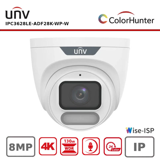 Uniview IPC3628LE-ADF28K-WP-W 8MP ColorHunter Wise-ISP Turret Camera, IP67, PoE, White