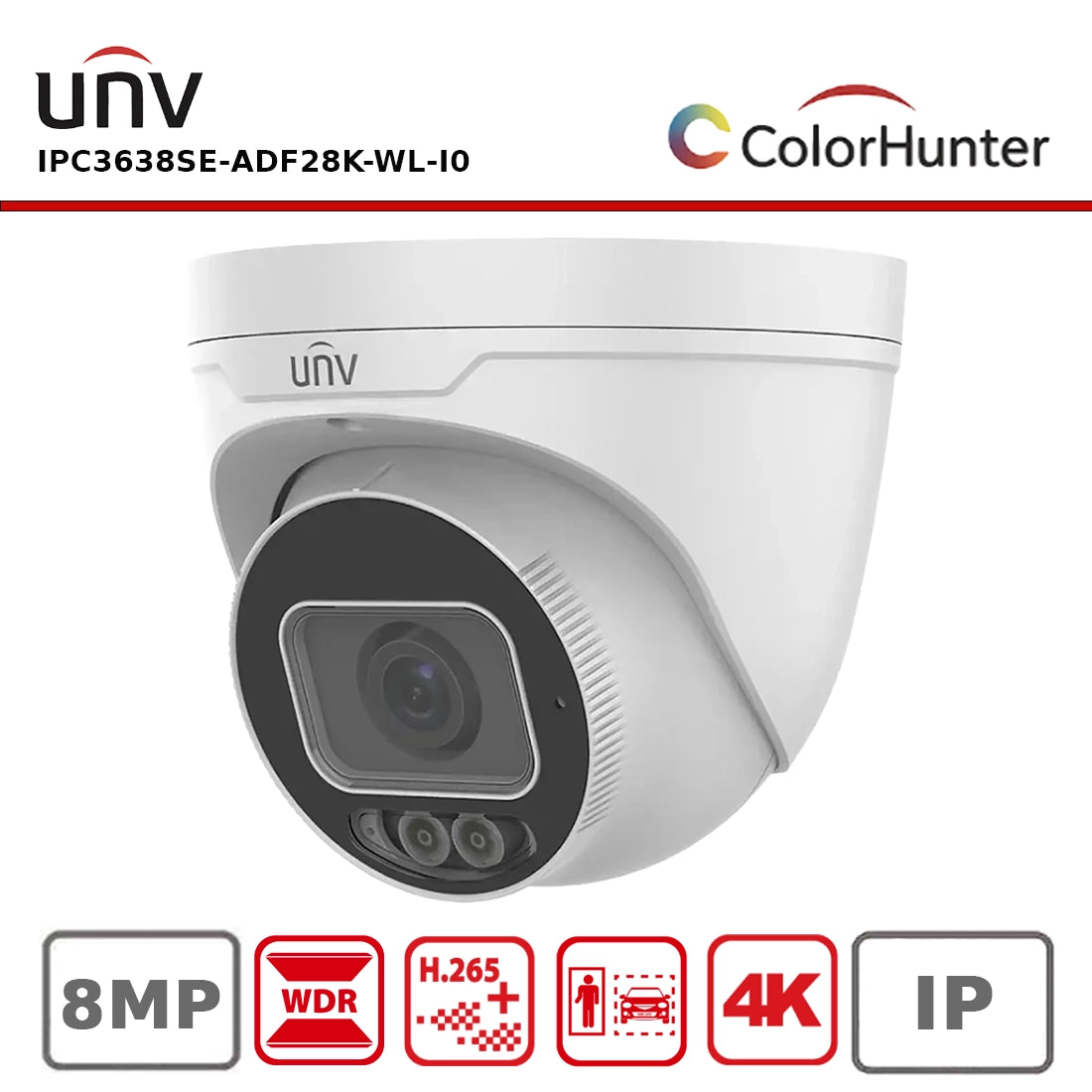 Uniview IPC3638SE-ADF28K-WL-I0 8MP Prime III Turret CCTV Camera – 4K ColorHunter, Fixed Eyeball