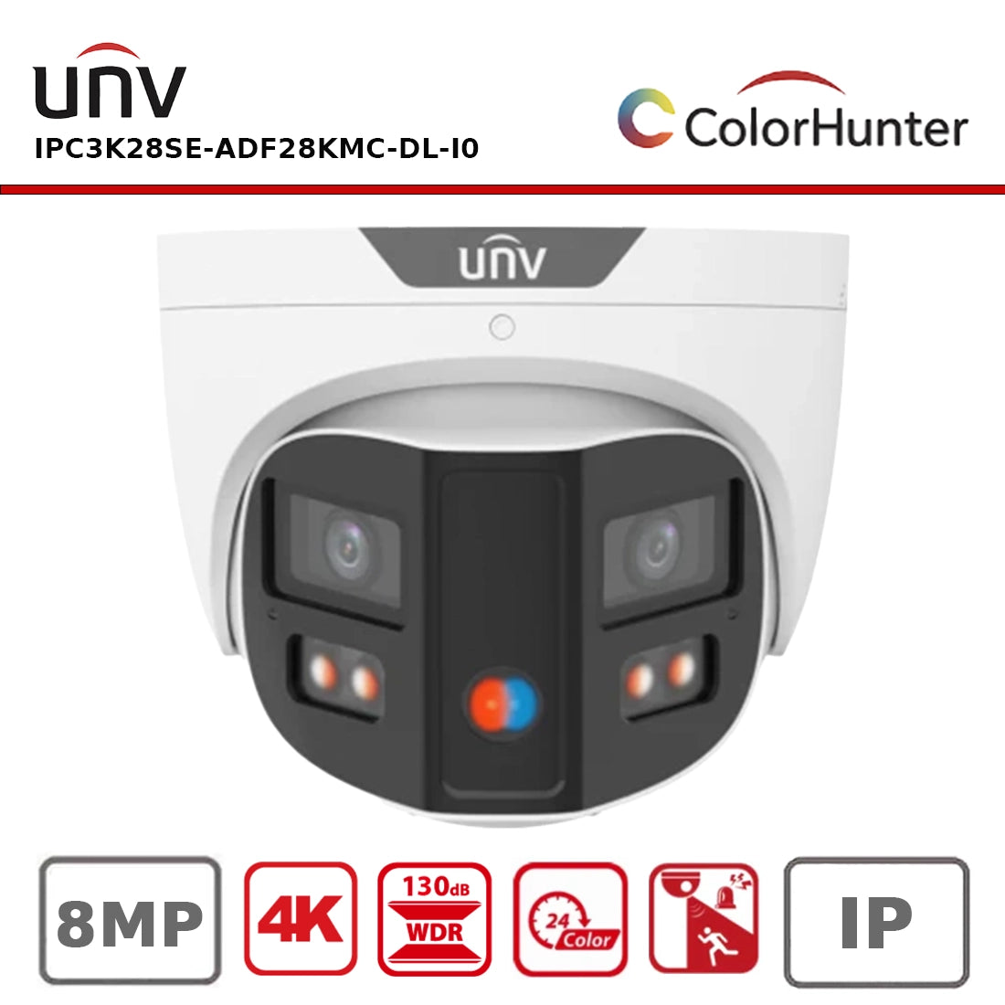 Uniview UV-IPC3K28SE-ADF28KMC-DL-I0 8MP Turret ColorHunter Camera, 2.8mm, Omniview, Two-Way Audio