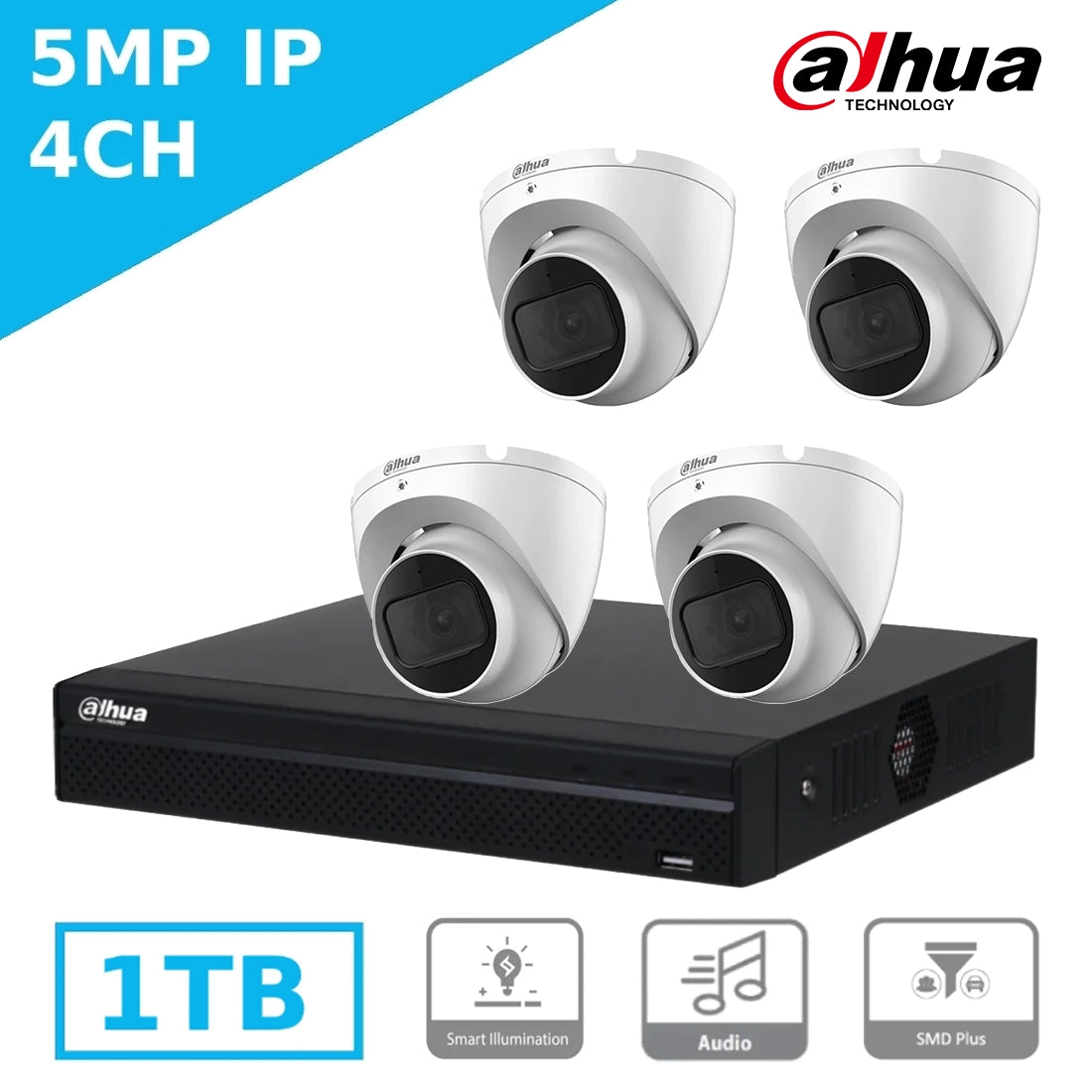 Budget 5MP Dahua IP CCTV Kit – 4 x IPC-HDW1530TP-S6 + 4CH NVR + 1TB – IR Night Vision