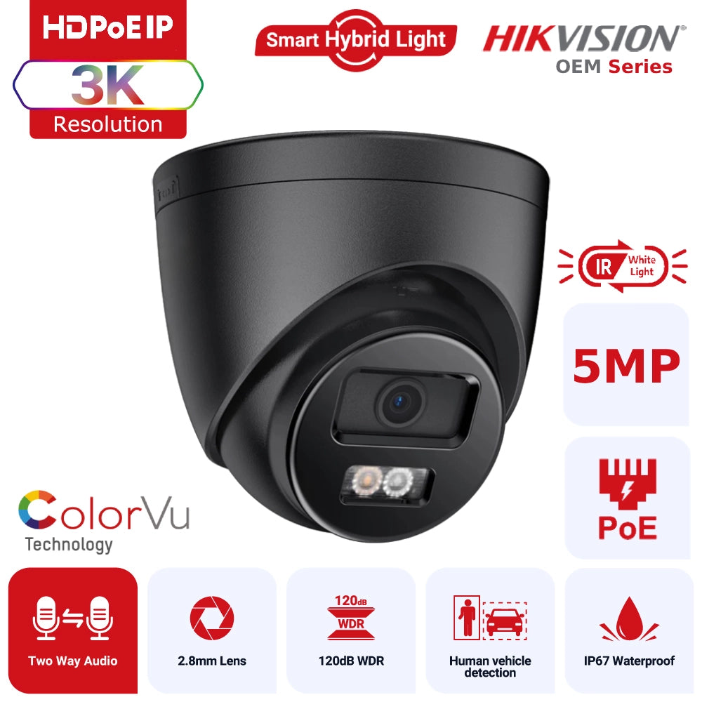 Hikvision OEM Series IPT250B-HT 3K Hybrid Light ColorVu + IR Turret IP Camera with Two-Way Audio Human Vehicle Detection IP67 - Black