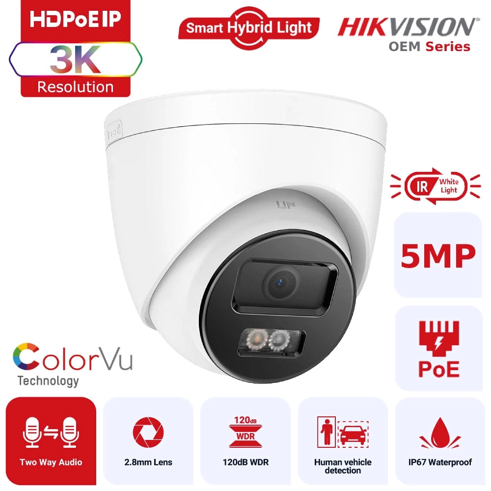 Hikvision OEM Series IPT250W-HT 3K ColorVu Hybrid Light IP Turret Camera with Two-Way Audio Human Vehicle Detection IP67 - White