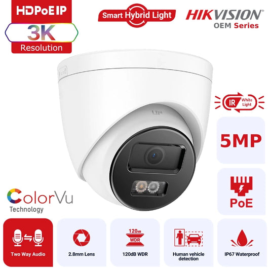 Hikvision OEM Series IPT250W-HT 3K ColorVu Hybrid Light IP Turret Camera with Two-Way Audio Human Vehicle Detection IP67 - White