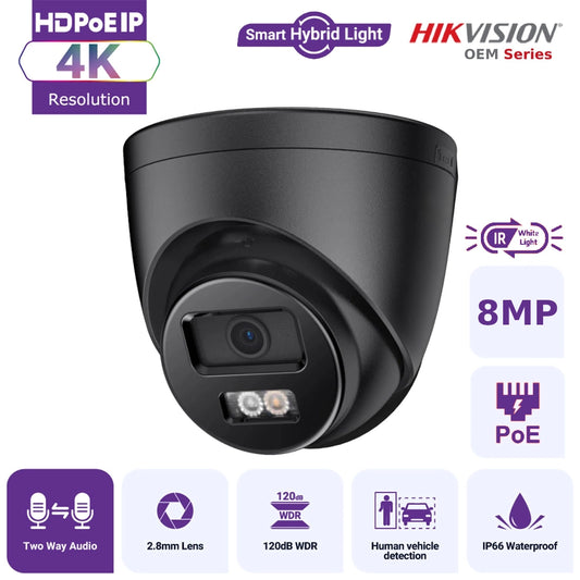 Hikvision OEM Series IPT280B-HT 4K ColorVu Hybrid Light IP Turret Camera with Two-Way Audio Human Vehicle Detection IP67 - Black