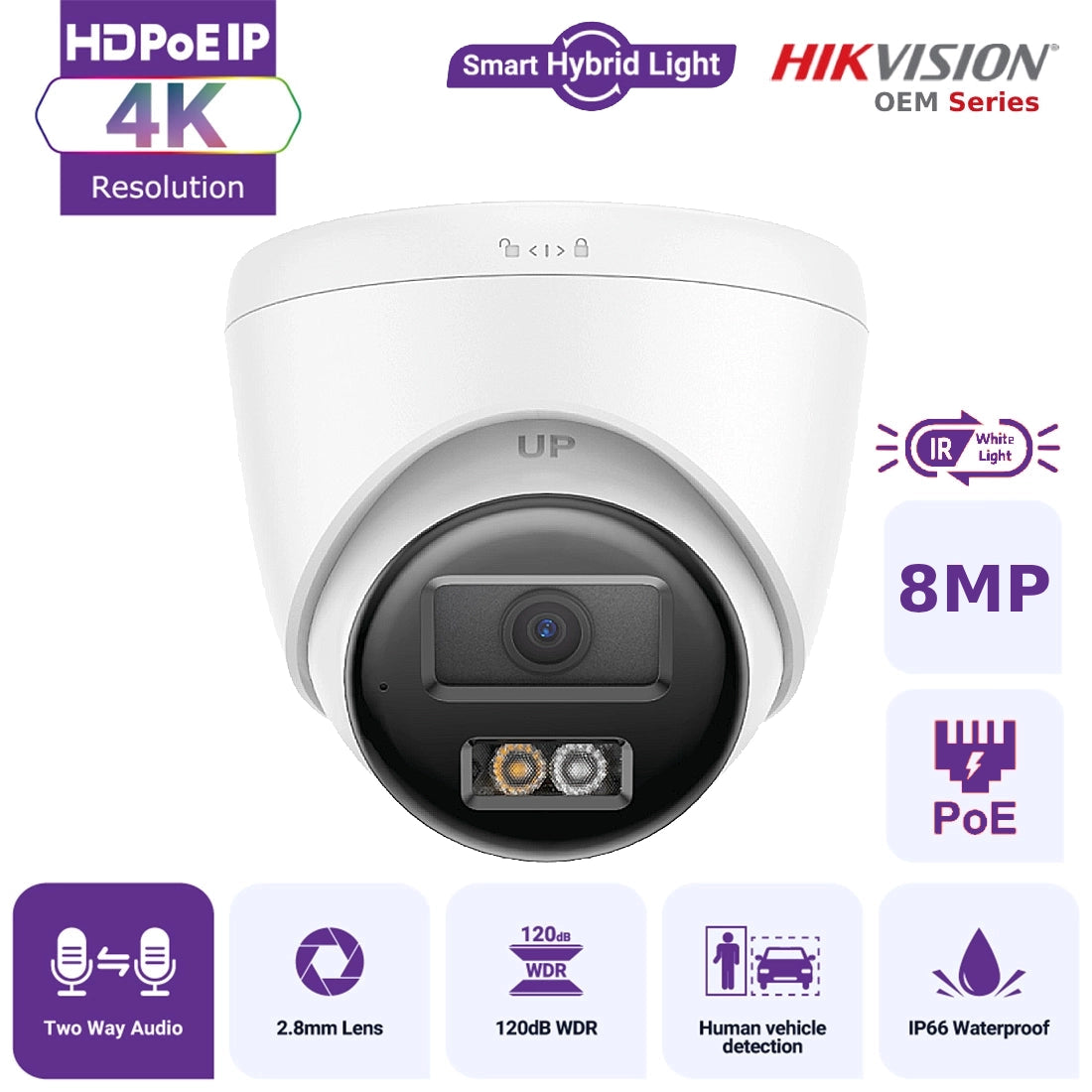 Hikvision OEM Series IPT280W-HT 4K Hybrid Light ColorVu + IR Turret IP Camera with Two-Way Audio Human Vehicle Detection IP67 - Black