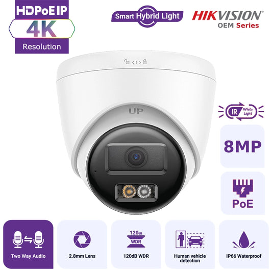 Hikvision OEM Series IPT280W-HT 4K Hybrid Light ColorVu + IR Turret IP Camera with Two-Way Audio Human Vehicle Detection IP67 - Black