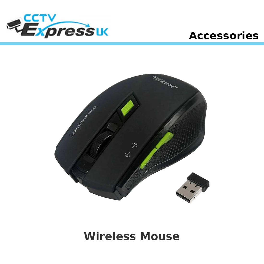 Wireless Optical Gaming Mouse, 800-1600 DPI, USB, DPI Switch, Black & Green