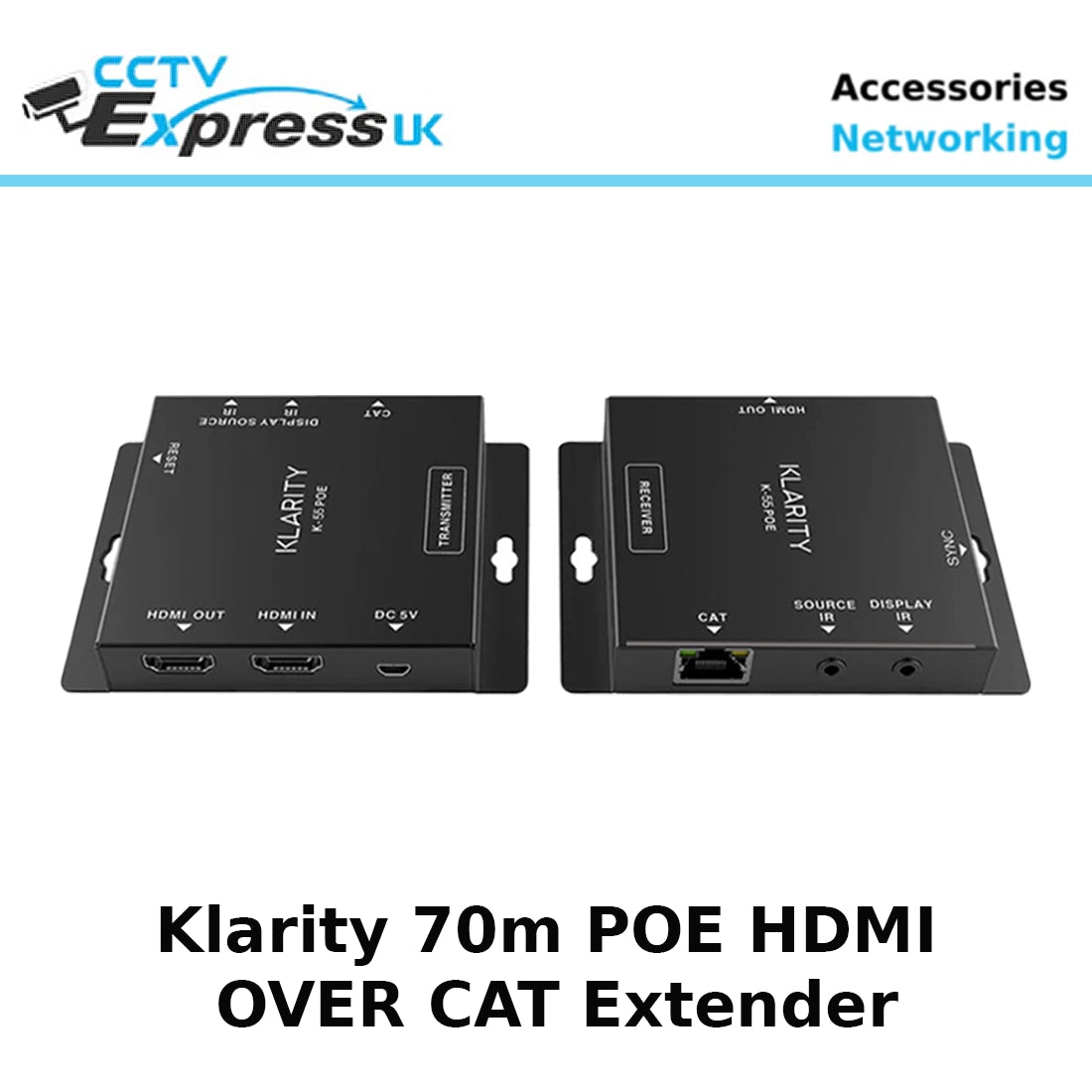 Klarity K-70-HD-POE HDMI Over Cat5/6 Extender with PoE – 70m 1080p Transmission