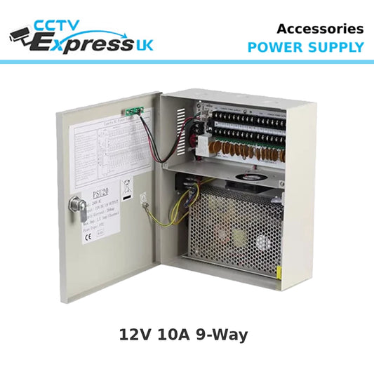Metal Boxed Power Supply 12V 10AMP 9 Way for CCTV Cameras - 12V 10A Power Supply with 9 Ports