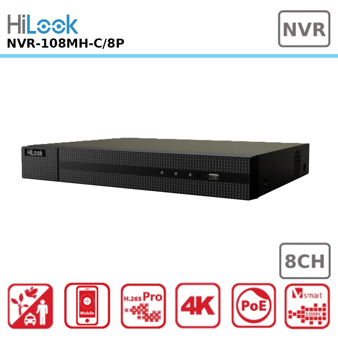 HiLook NVR-108MH-C/8P 8-Channel 4K 8MP Ultra HD Network Video Recorder with 8 Power-over-Ethernet (PoE) Ports