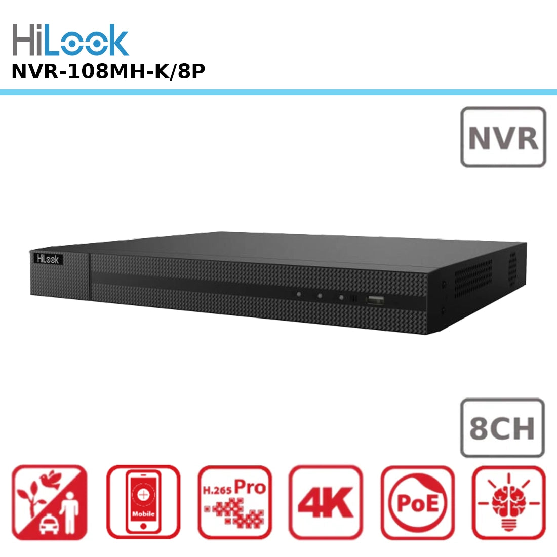 HiLook NVR-108MH-K/8P – 8 Channel 4K PoE NVR with Motion Detection 2.0 & Smart Human/Vehicle Alerts